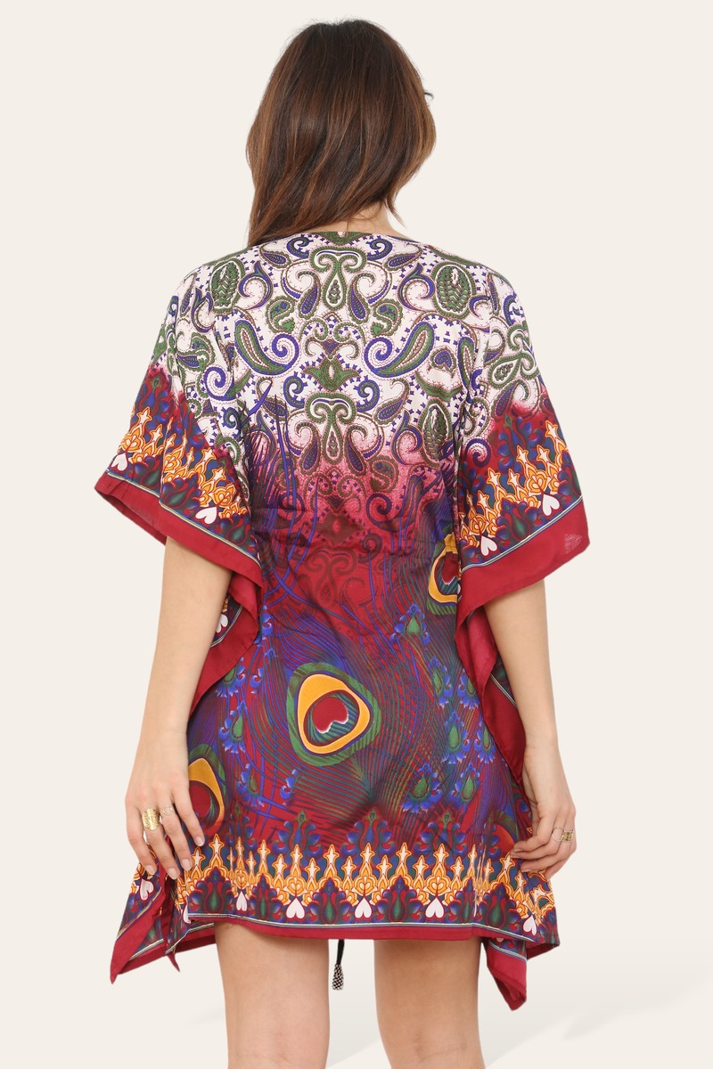 Short caftan dress, peacock feathered reb065s printed pattern