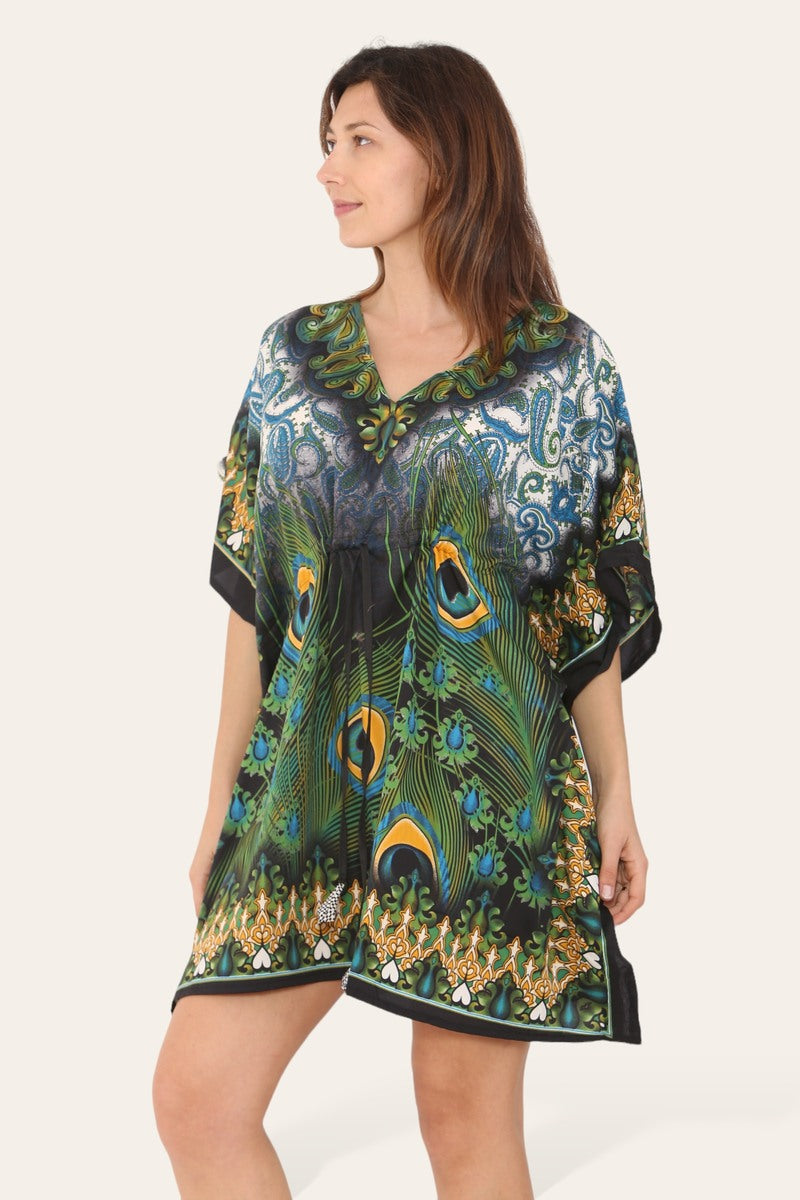 Short caftan dress, peacock feathered reb065s printed pattern