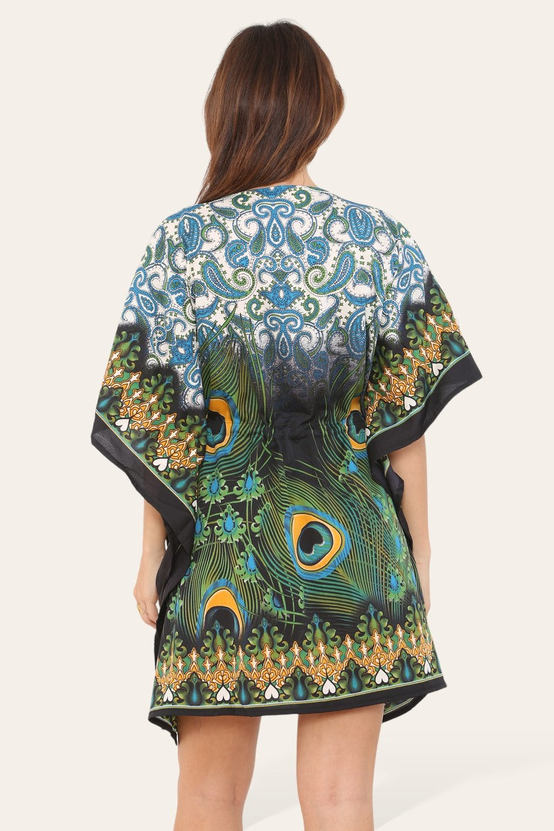 Short caftan dress, peacock feathered reb065s printed pattern