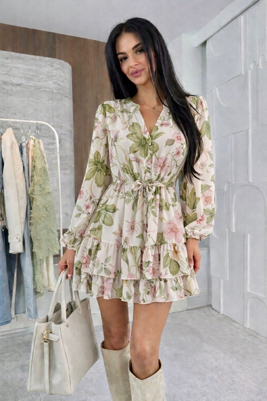 Floral print ruffled shirt dress with viscose lining