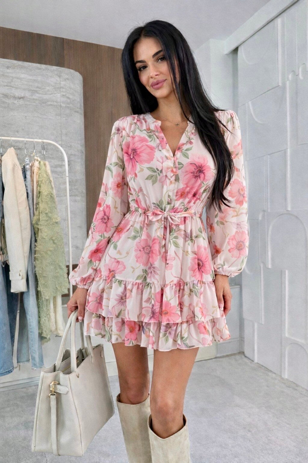 Floral print ruffled shirt dress with viscose lining