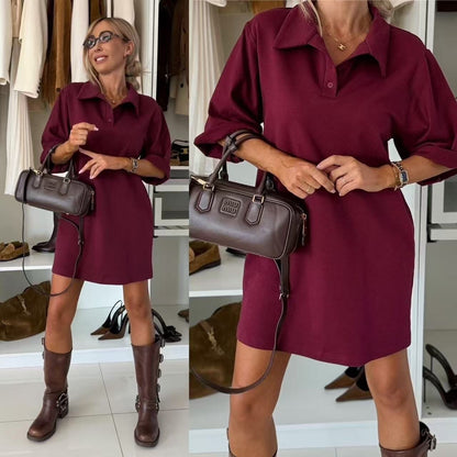 Chic shirt dress - Polo collar & 3/4 sleeves