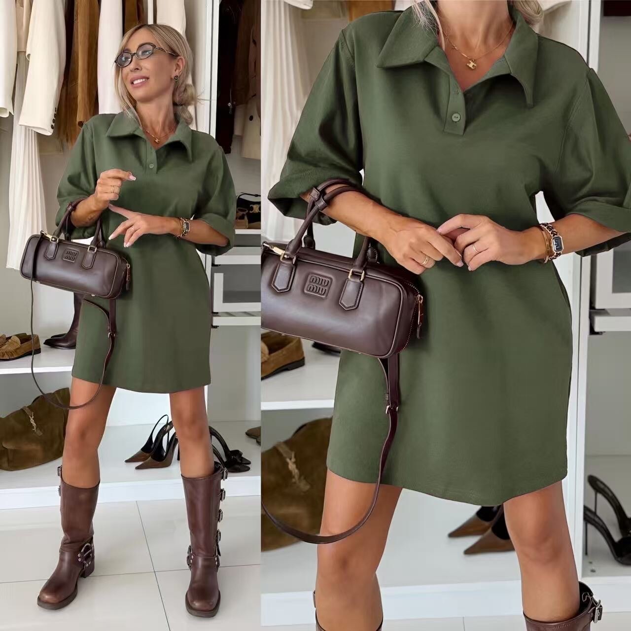 Chic shirt dress - Polo collar & 3/4 sleeves