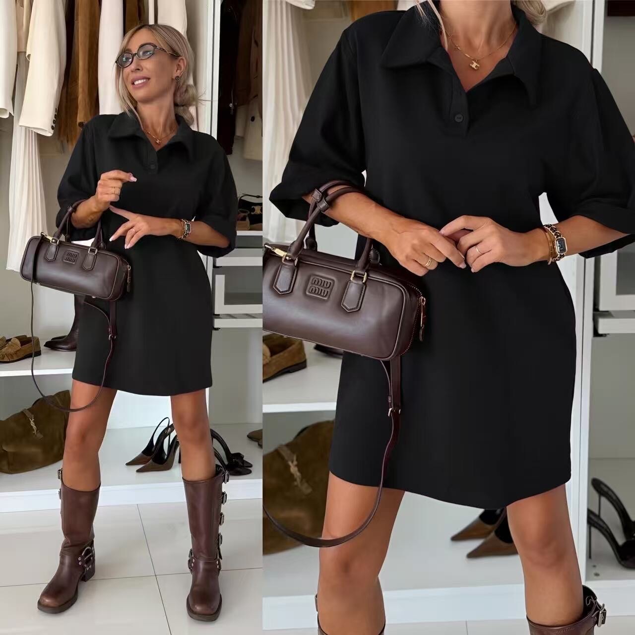 Chic shirt dress - Polo collar & 3/4 sleeves