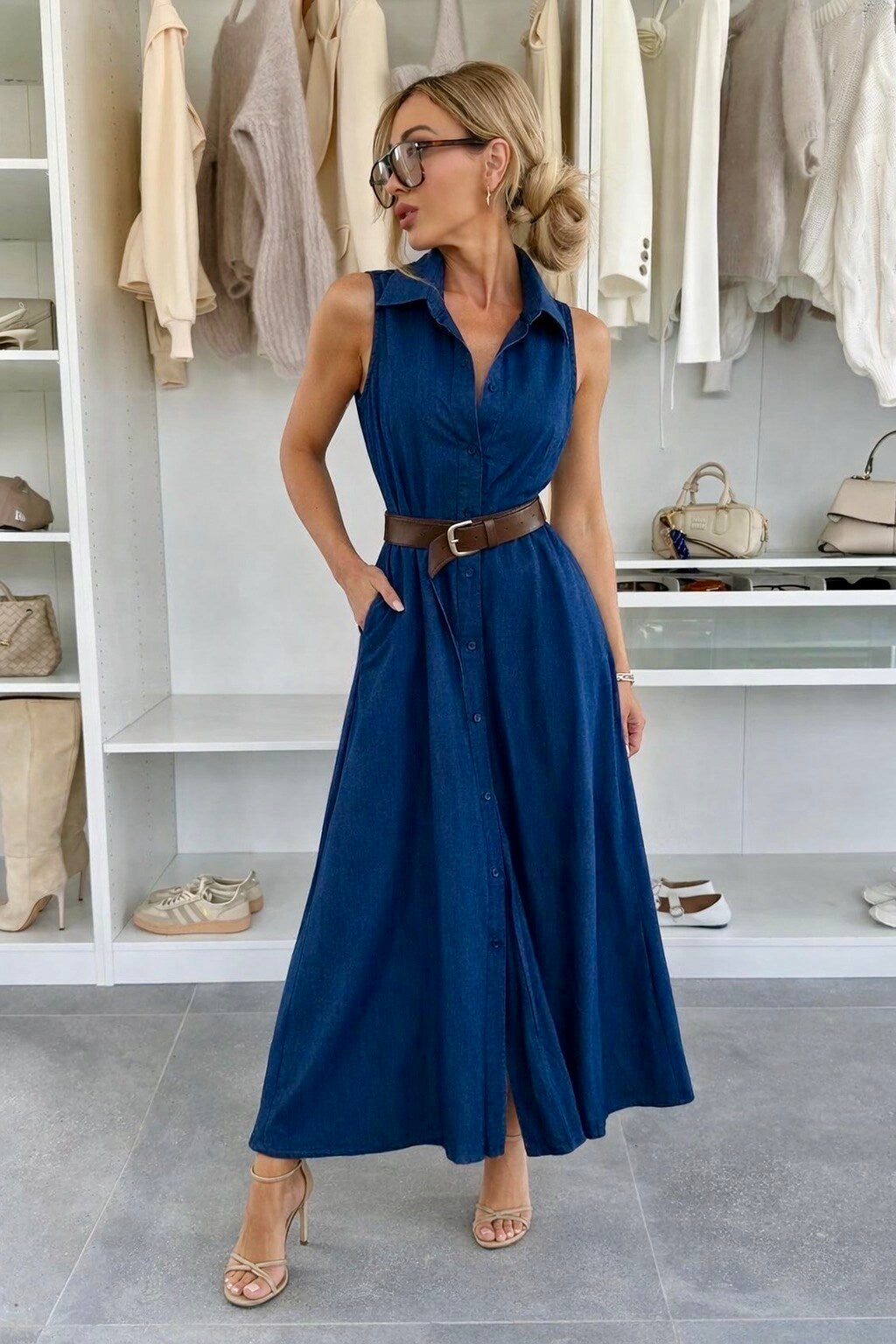 Sleeveless cotton shirt dress with denim effect belt