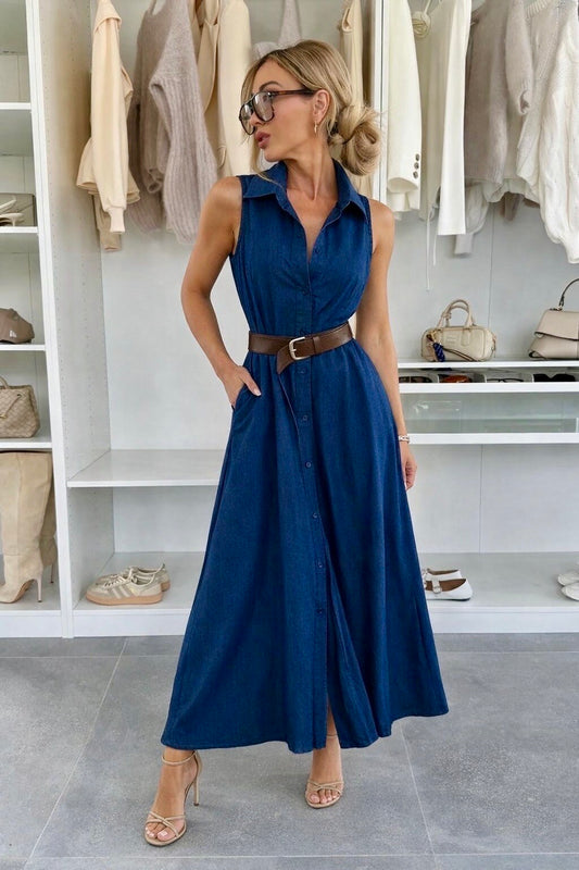 Sleeveless cotton shirt dress with denim effect belt