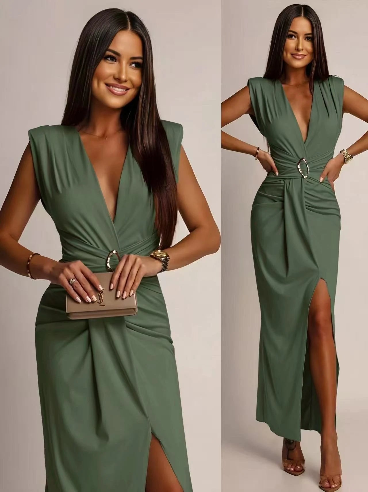 Chic dress - split, V -neck, ring detail