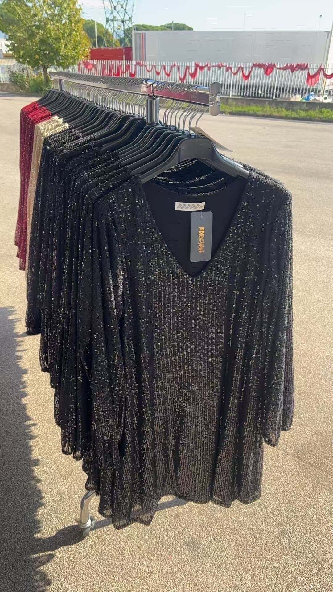Long-sleeved sequin V-neck dress