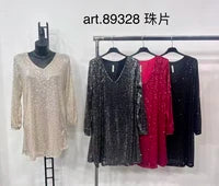 Long-sleeved sequin V-neck dress