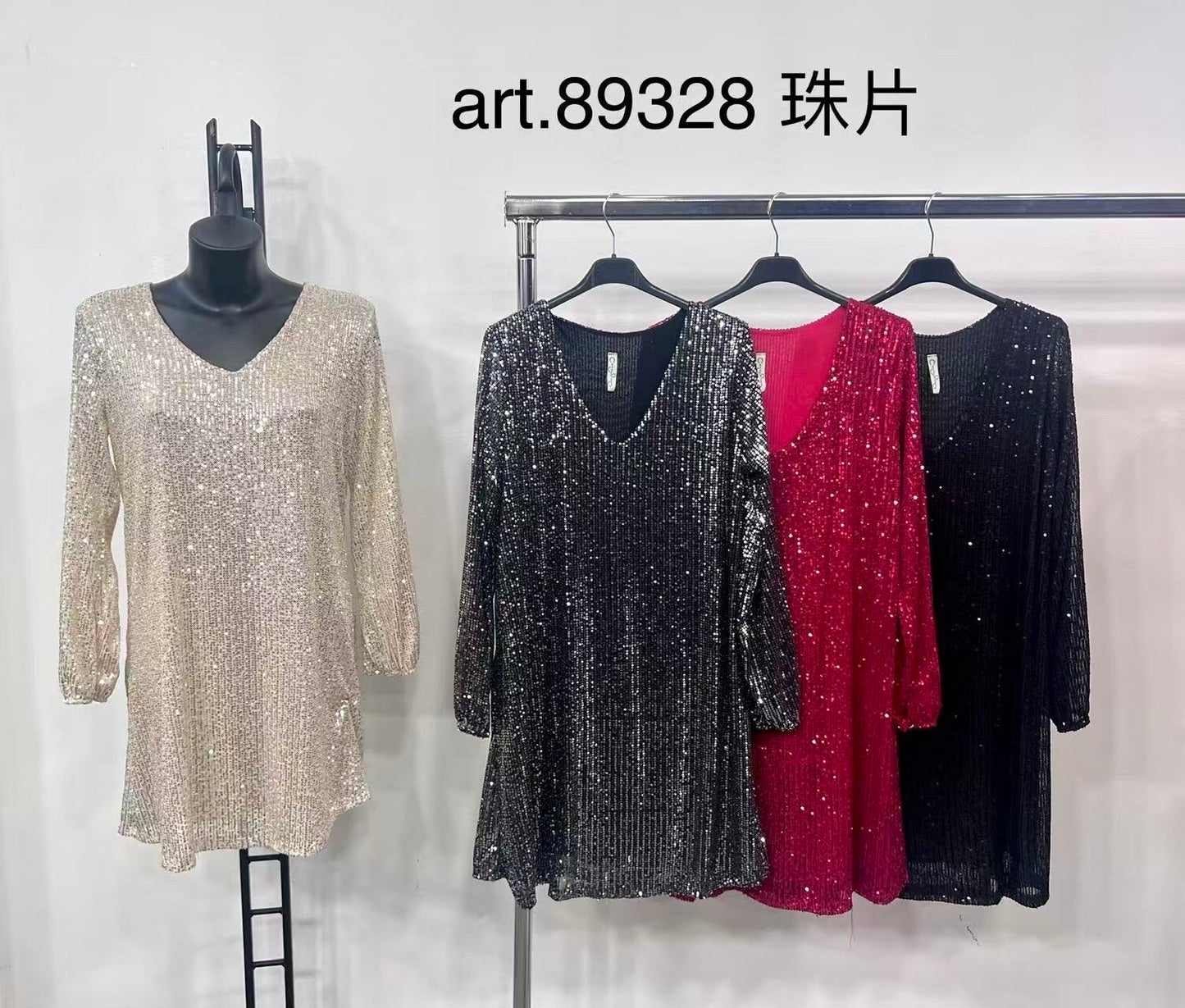 Long-sleeved sequin V-neck dress