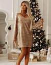 Long-sleeved sequin V-neck dress