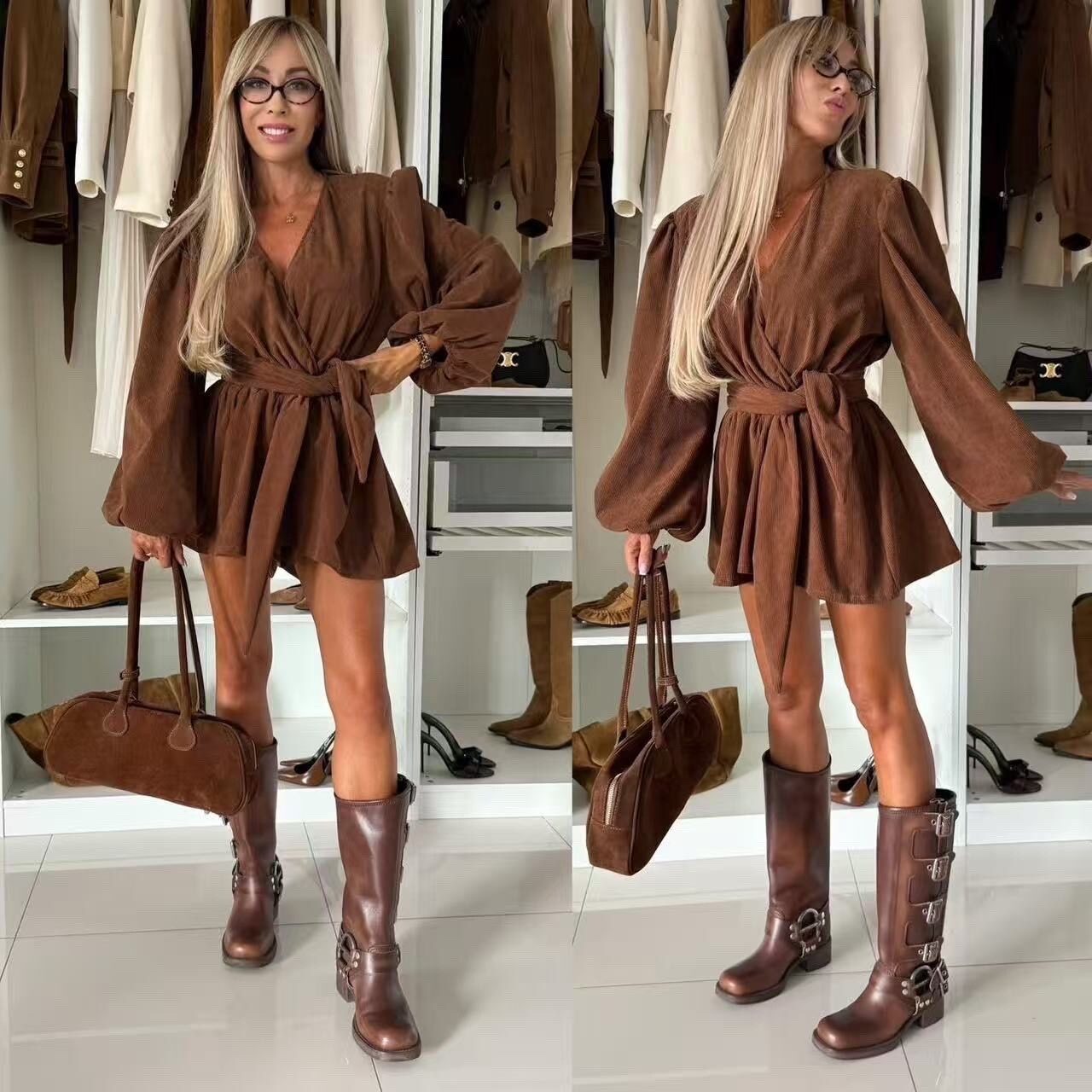 Ribbed fabric dress / playsuit with puff sleeves