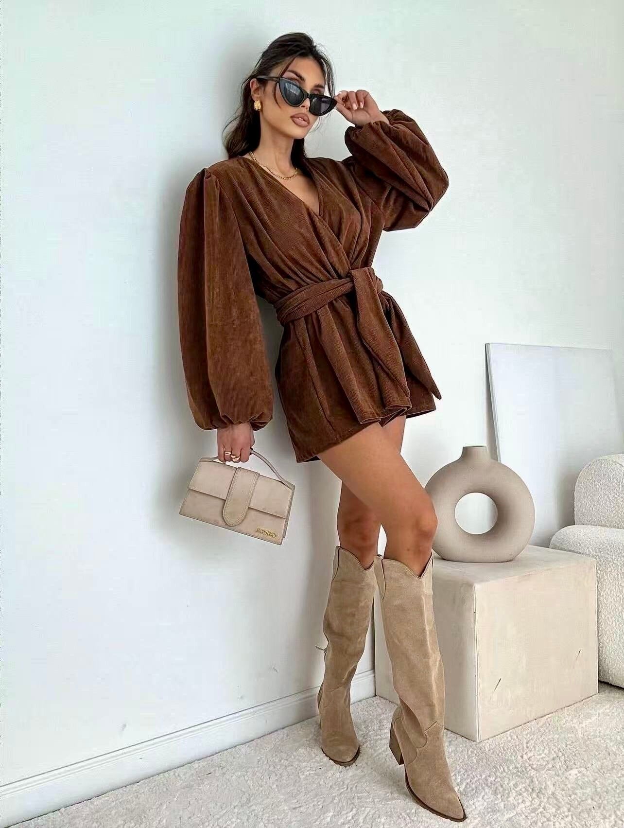 Ribbed fabric dress / playsuit with puff sleeves