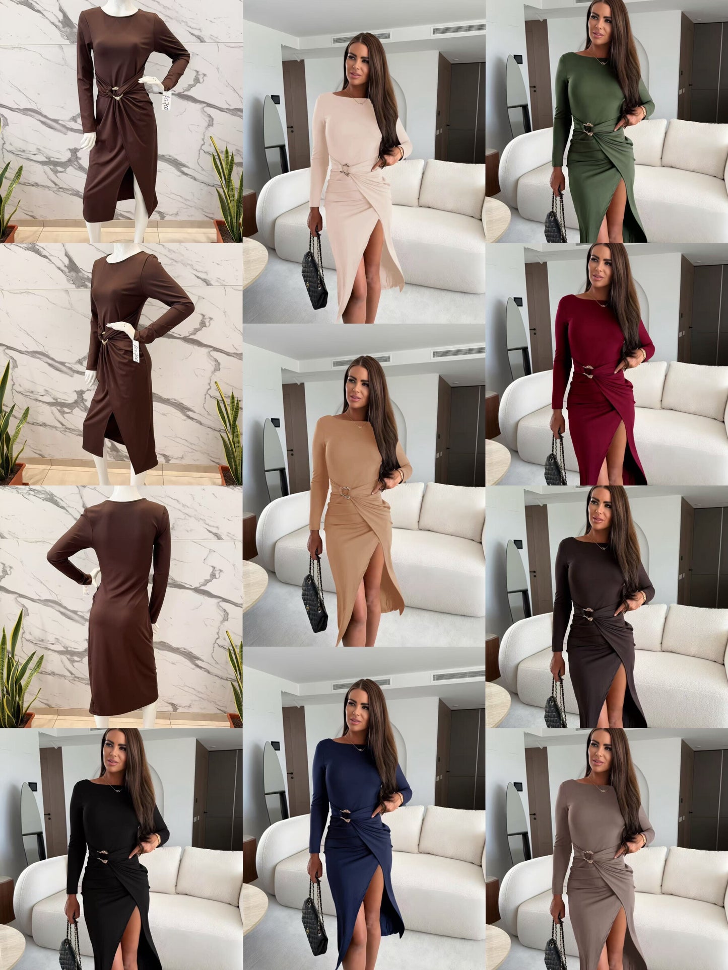 Extegant split-sleeves long dress & detail golden belt