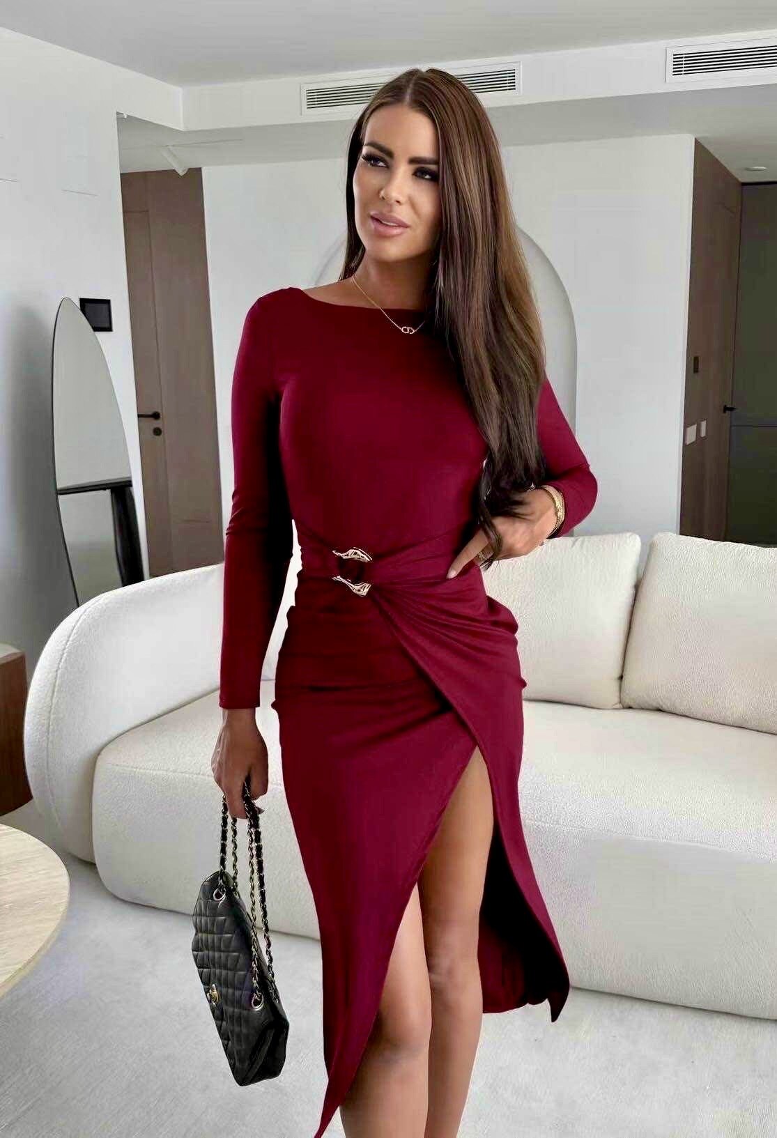 Extegant split-sleeves long dress & detail golden belt