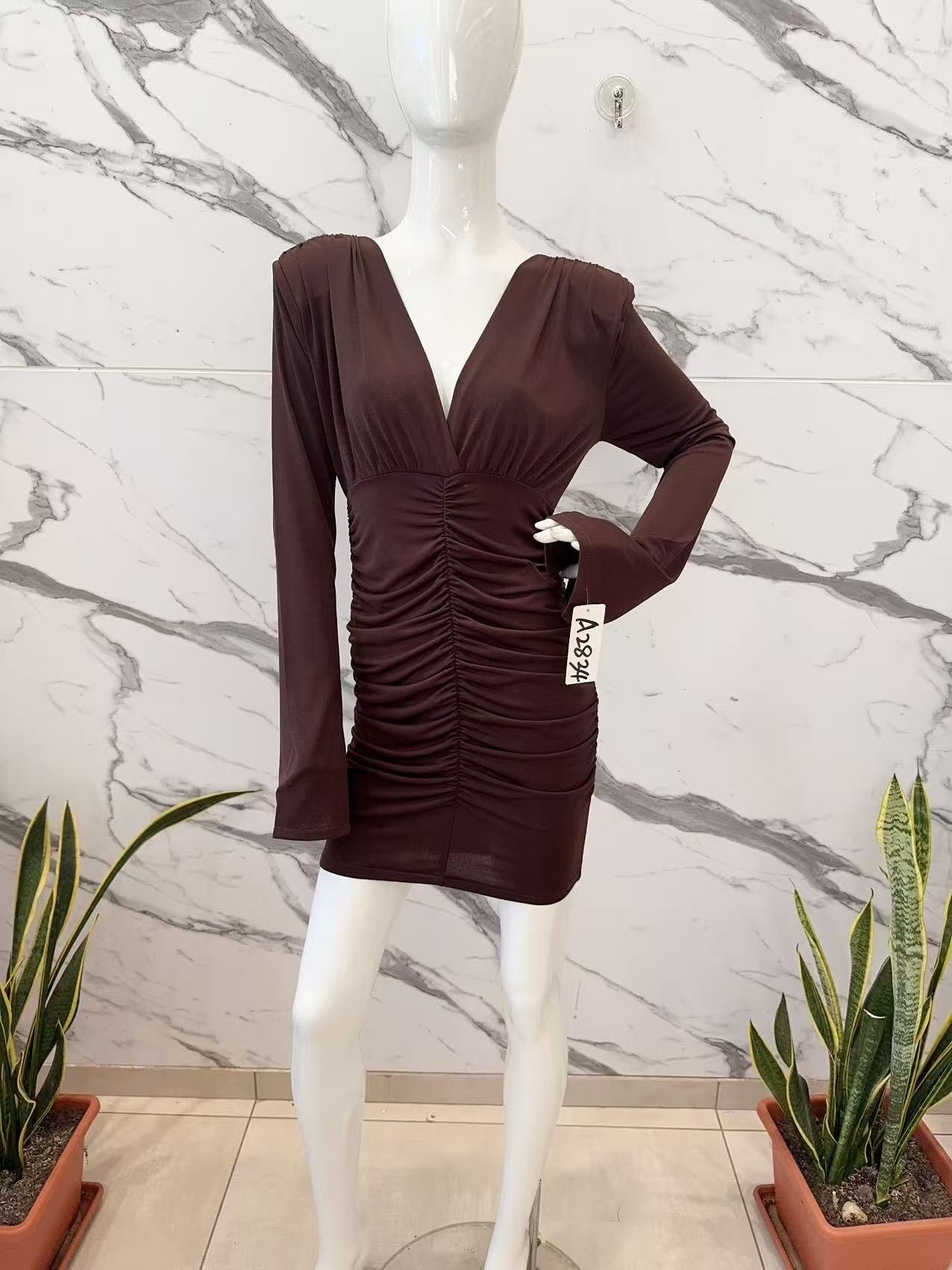 Ruched long sleeve V dress