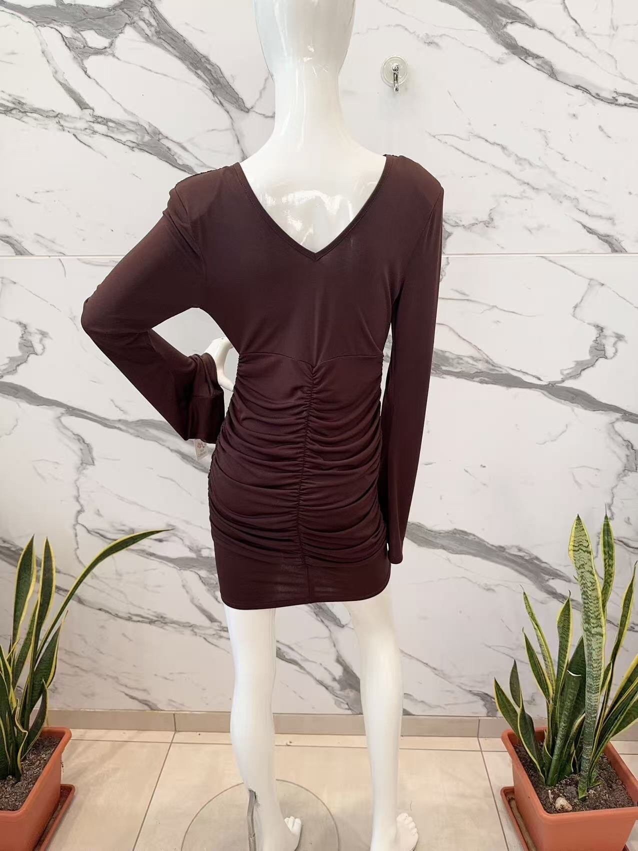 Ruched long sleeve V dress