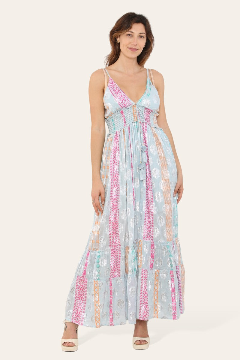 Long dress with straps, silver circle pattern, neat print ref 9113