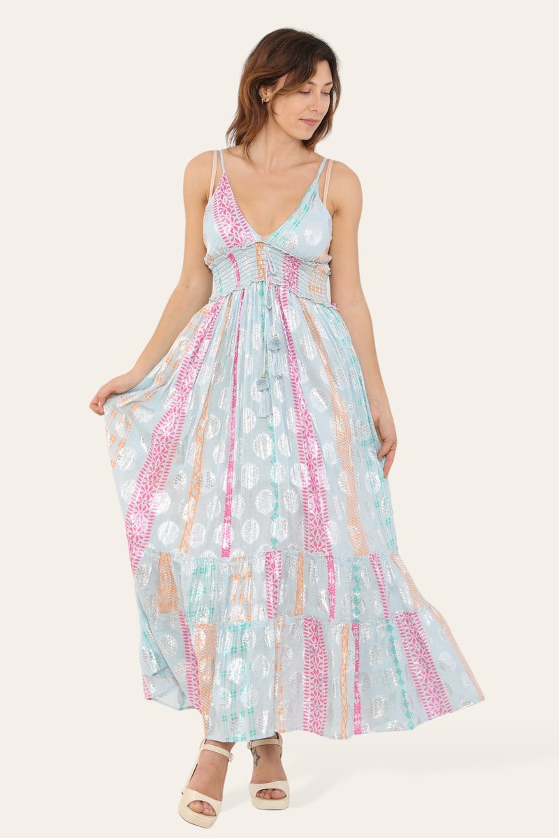 Long dress with straps, silver circle pattern, neat print ref 9113
