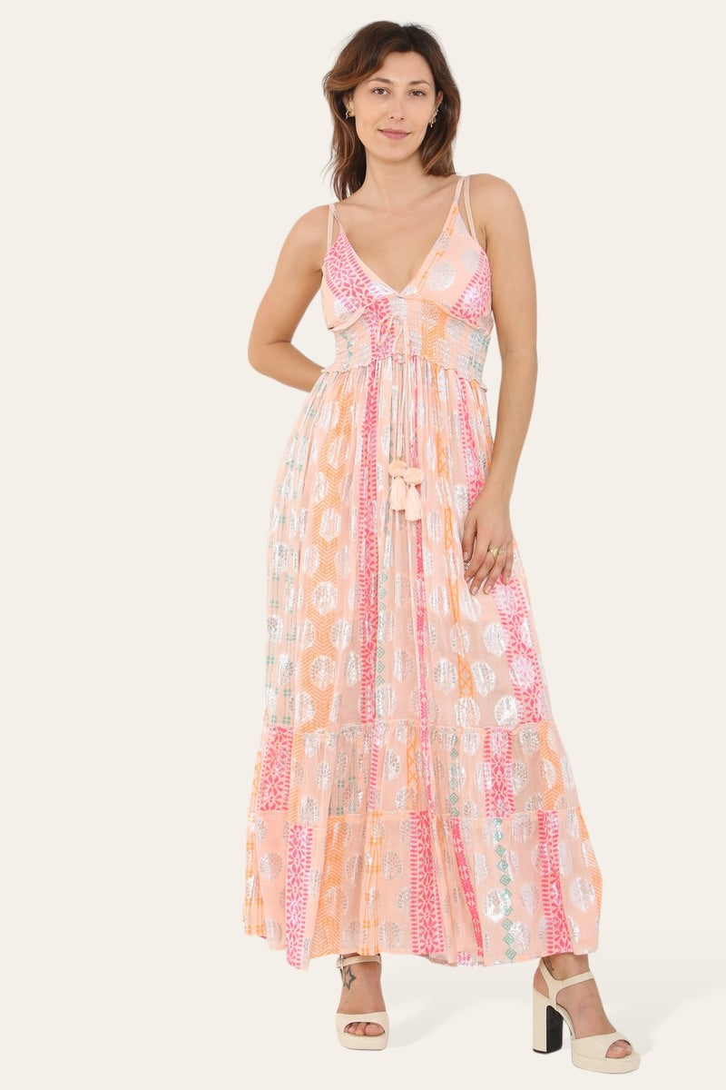 Long dress with straps, silver circle pattern, neat print ref 9113
