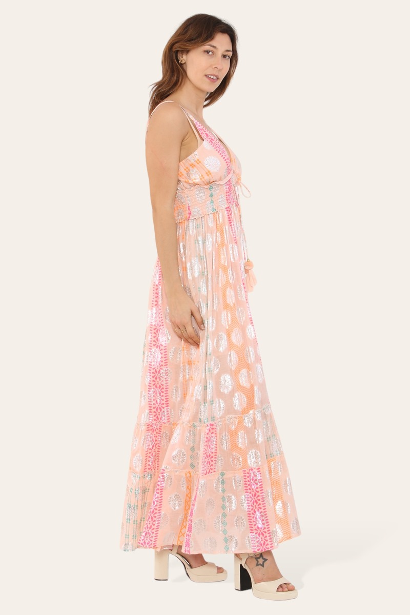 Long dress with straps, silver circle pattern, neat print ref 9113