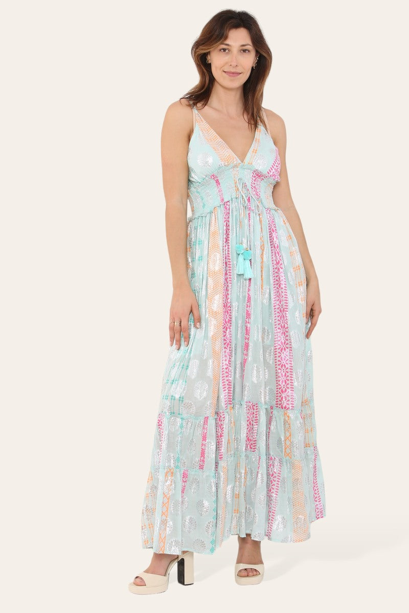 Long dress with straps, silver circle pattern, neat print ref 9113