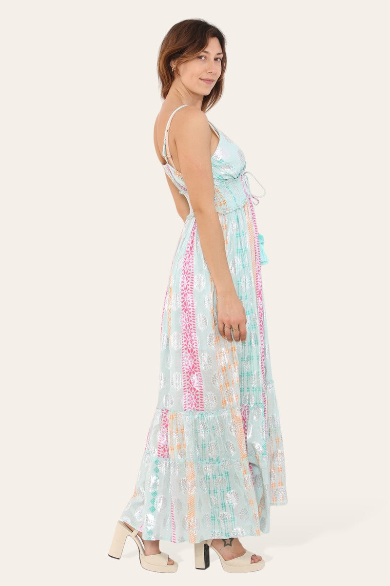 Long dress with straps, silver circle pattern, neat print ref 9113