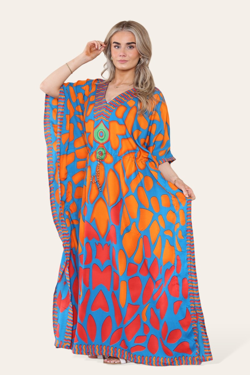 Long dress with V-neck and bold abstract print Ref-7030-L