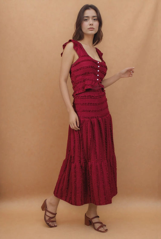 Textured ruffle maxi dress with square neckline and ruched details