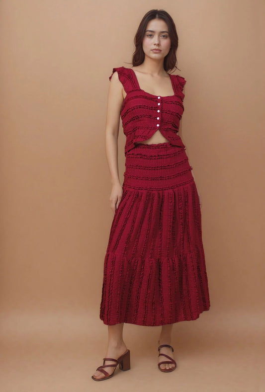 Textured ruffle maxi dress with square neckline and ruched details