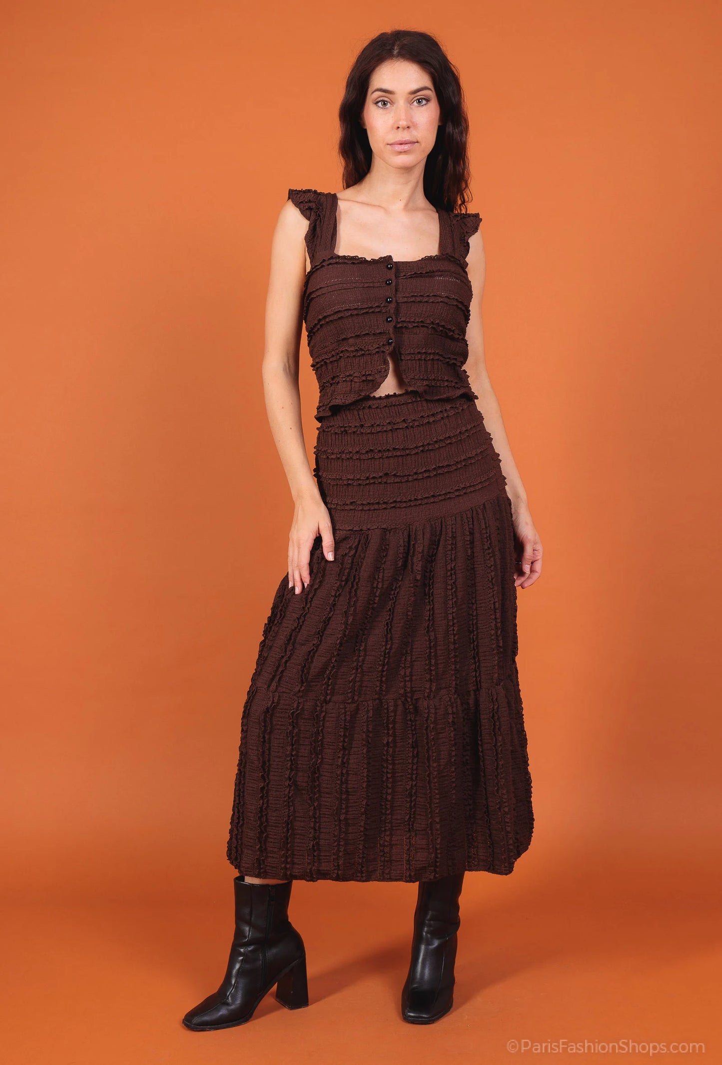 Textured ruffle maxi dress with square neckline and ruched details