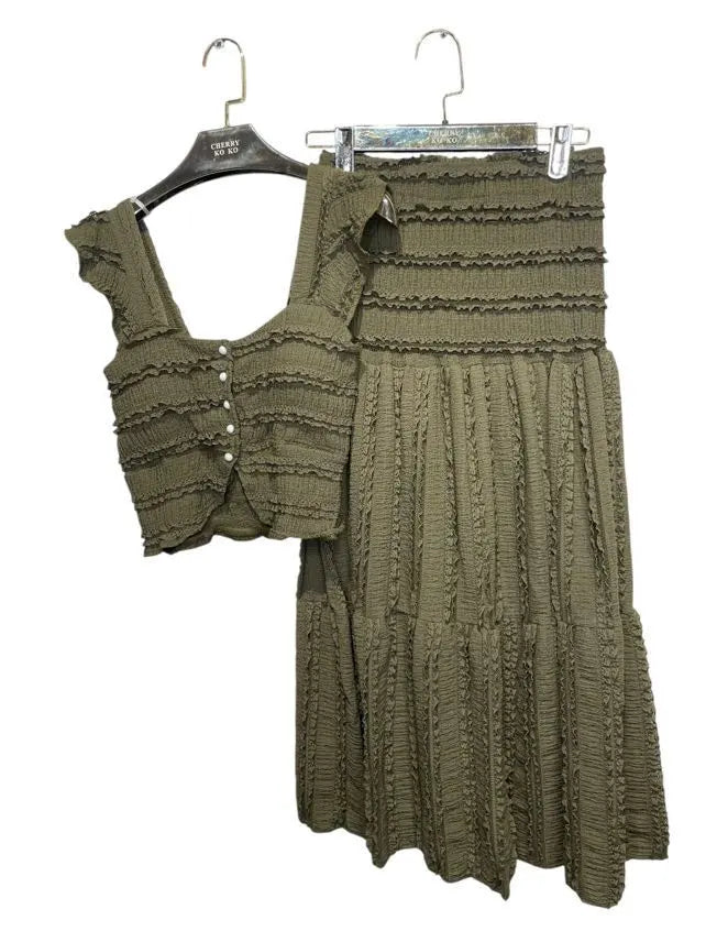 Textured ruffle maxi dress with square neckline and ruched details