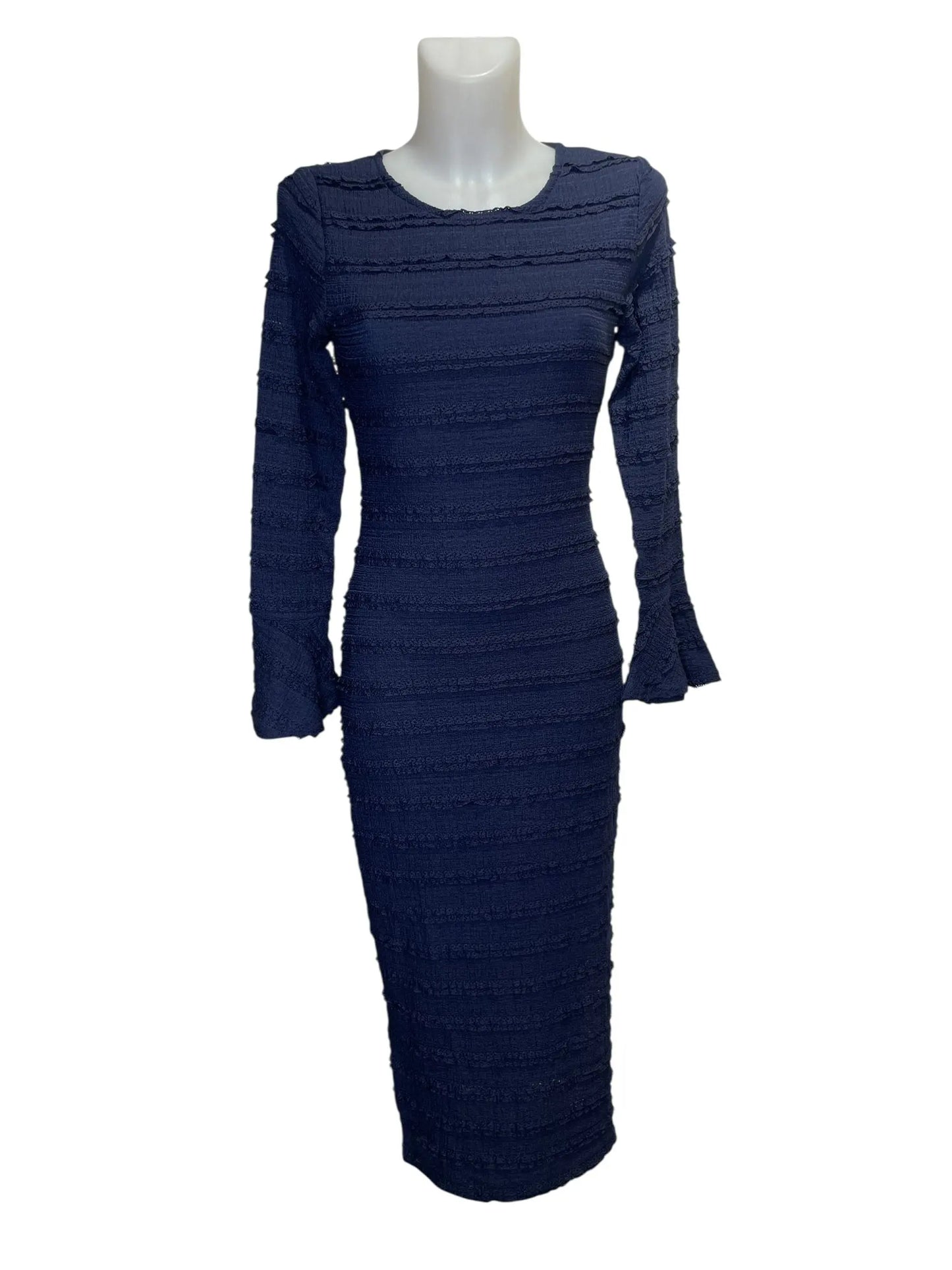 Textured long dress with ruffles, flared sleeves, and side slit – retro chic vibe