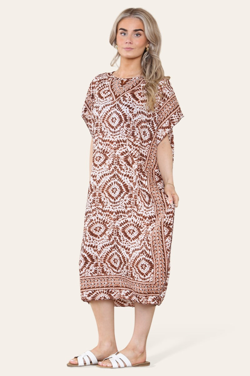 Mid-length long dress with V-neck and tie-dye print Ref-7006