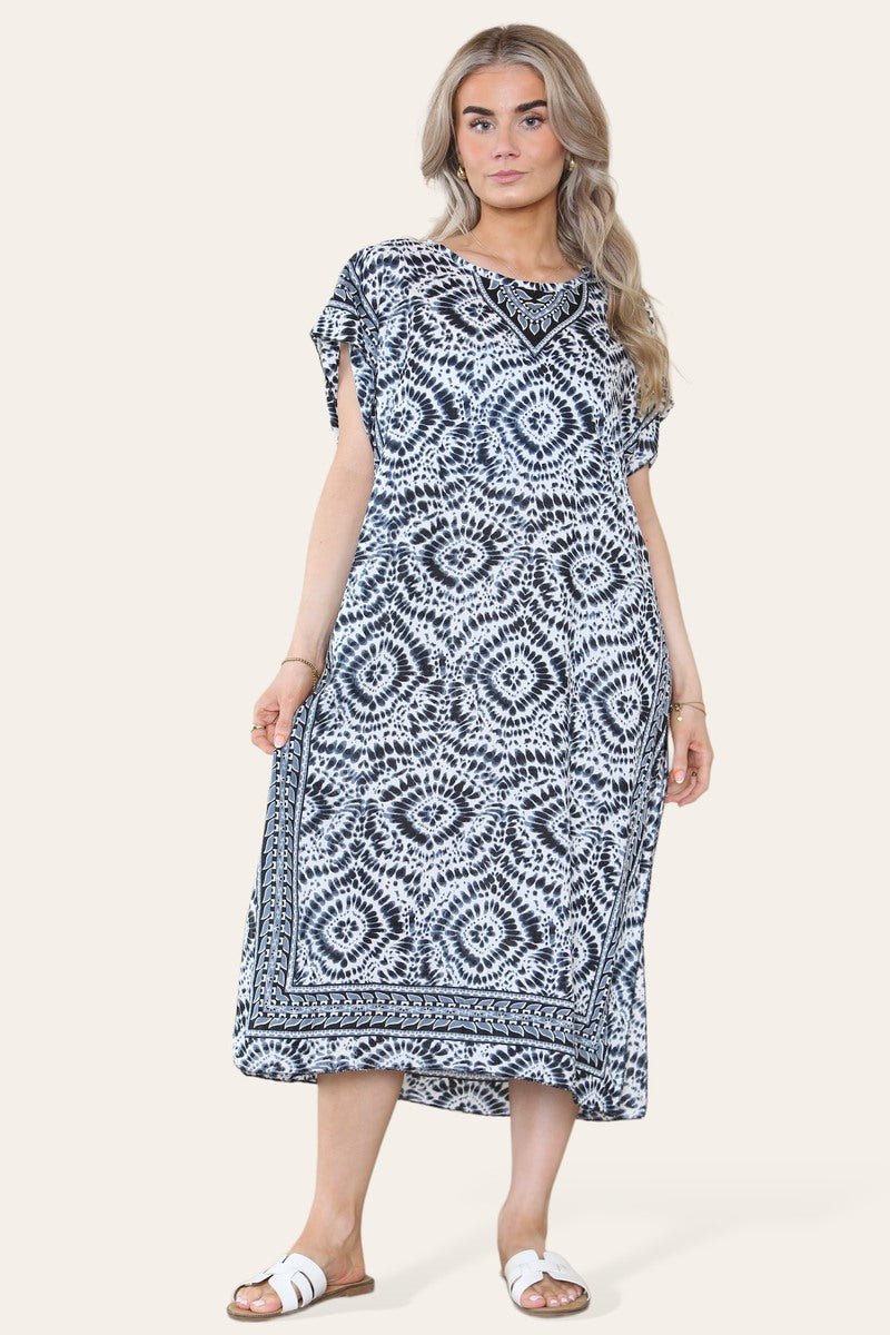 Mid-length long dress with V-neck and tie-dye print Ref-7006