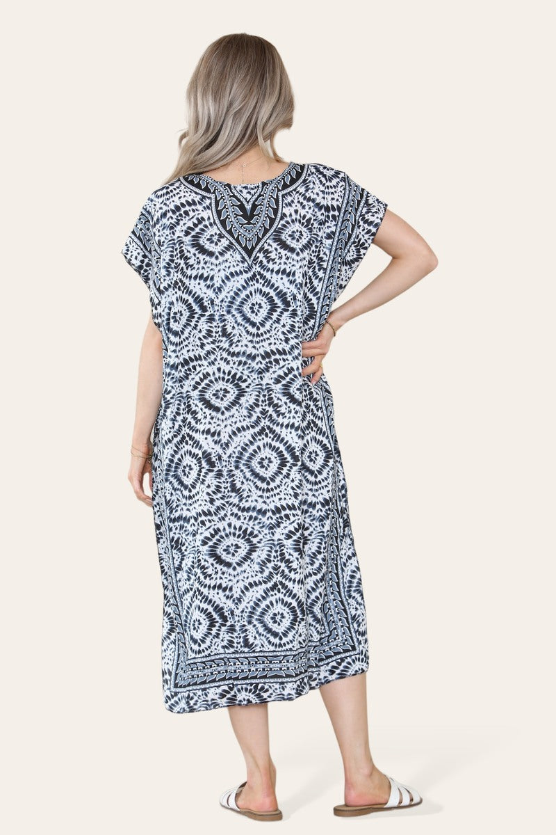 Mid-length long dress with V-neck and tie-dye print Ref-7006