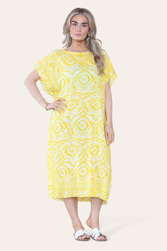 Mid-length long dress with V-neck and tie-dye print Ref-7006