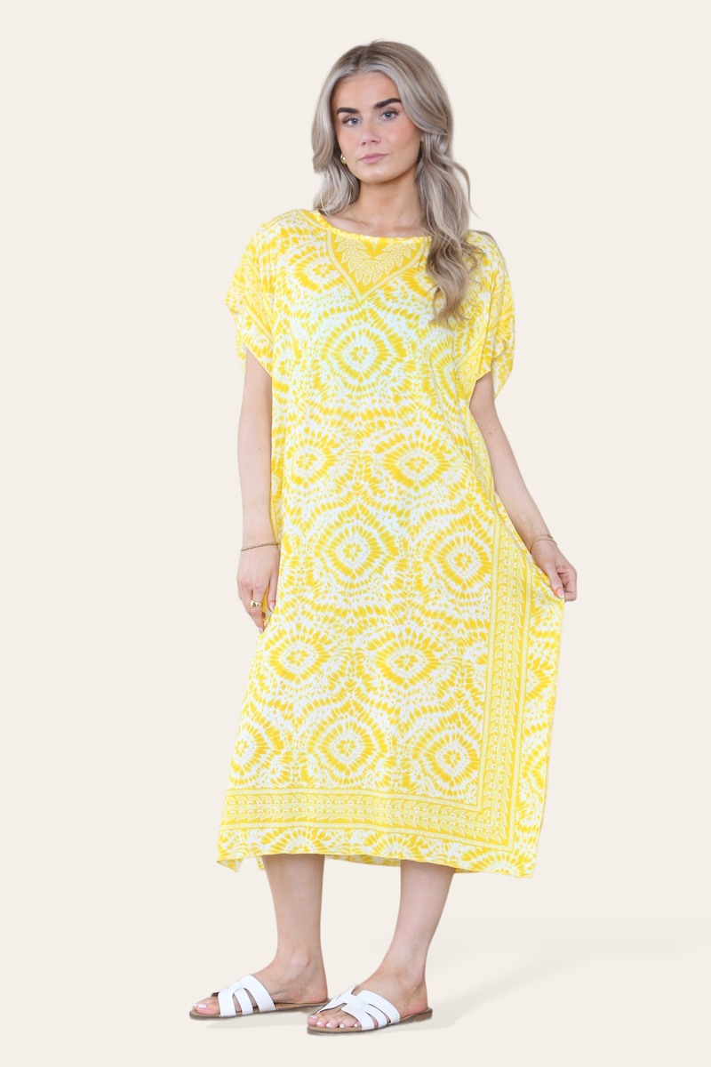 Mid-length long dress with V-neck and tie-dye print Ref-7006