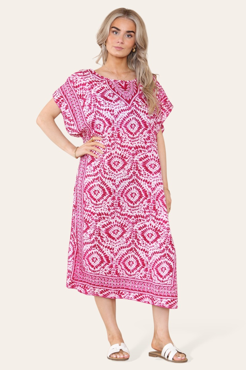 Mid-length long dress with V-neck and tie-dye print Ref-7006