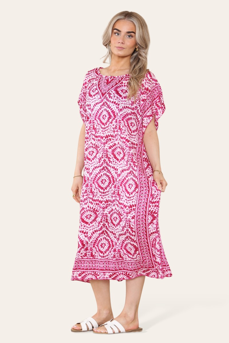 Mid-length long dress with V-neck and tie-dye print Ref-7006