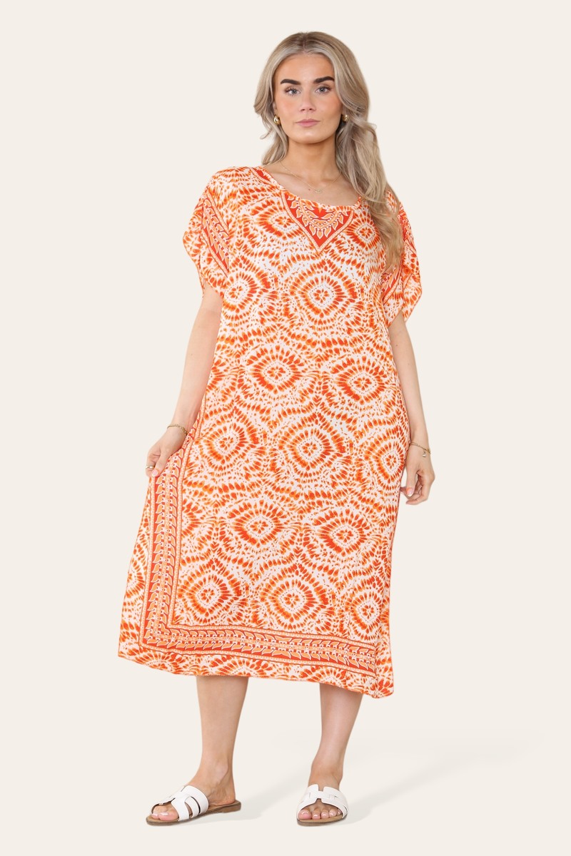 Mid-length long dress with V-neck and tie-dye print Ref-7006
