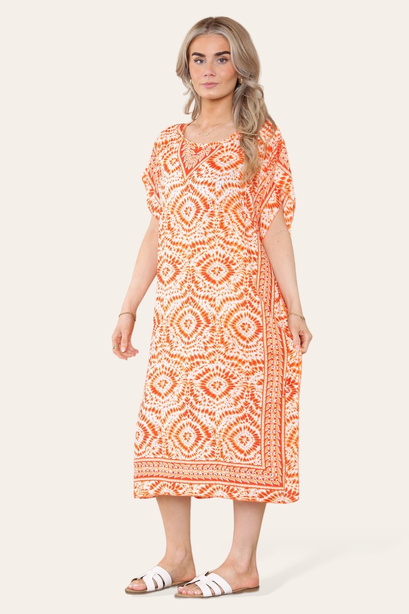 Mid-length long dress with V-neck and tie-dye print Ref-7006