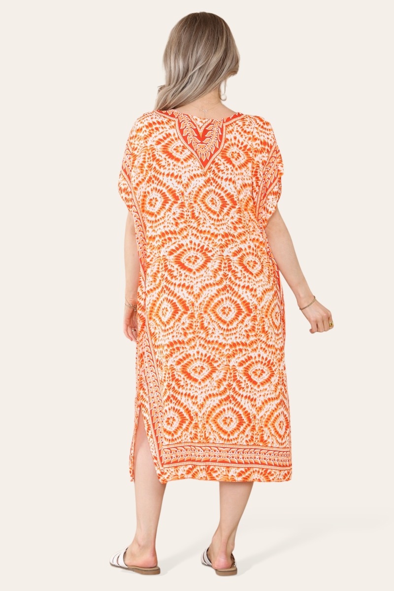 Mid-length long dress with V-neck and tie-dye print Ref-7006