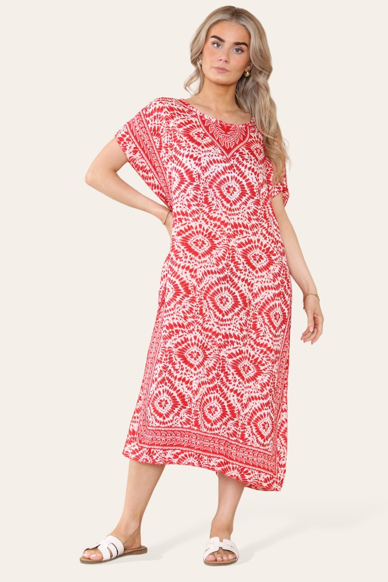 Mid-length long dress with V-neck and tie-dye print Ref-7006