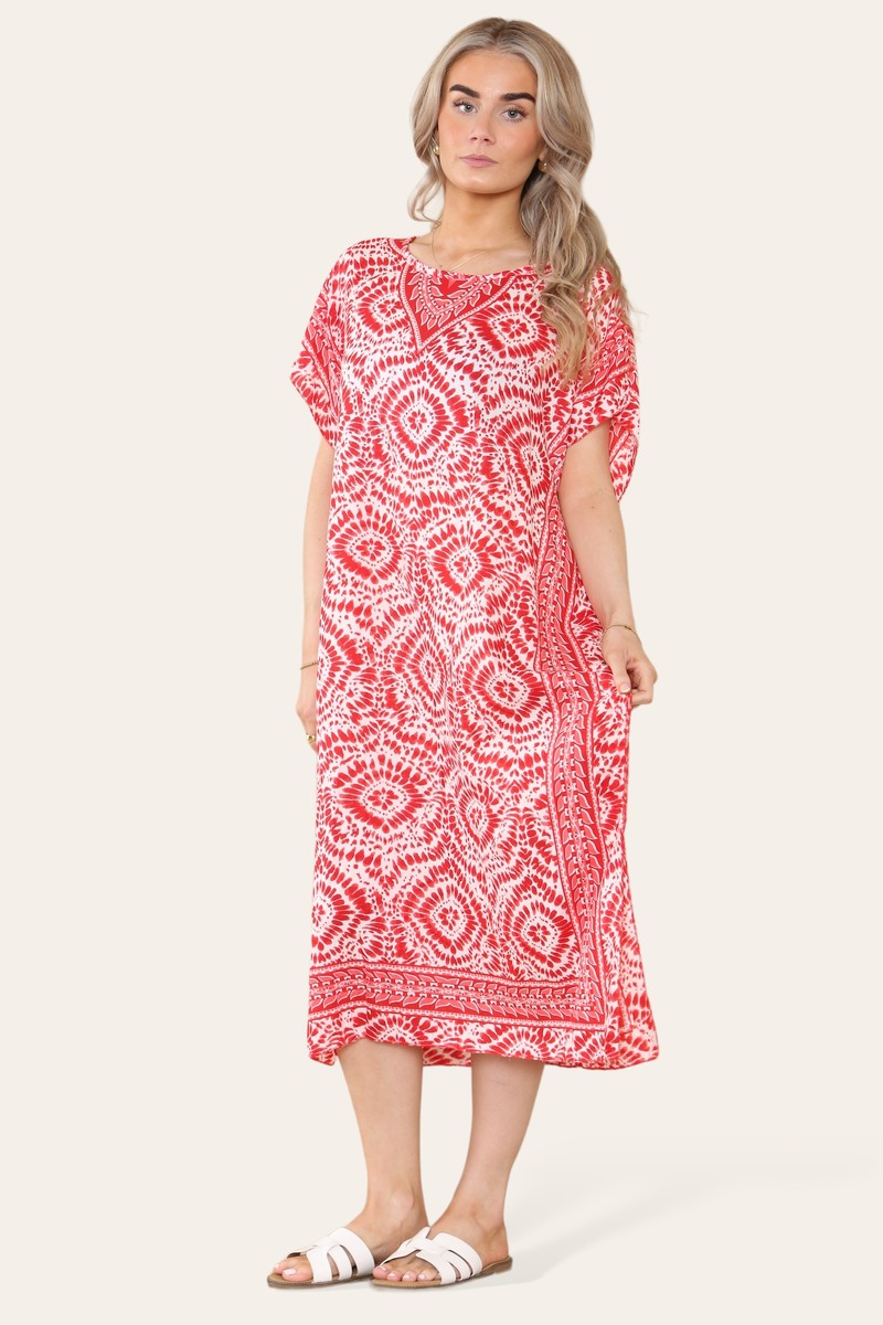 Mid-length long dress with V-neck and tie-dye print Ref-7006