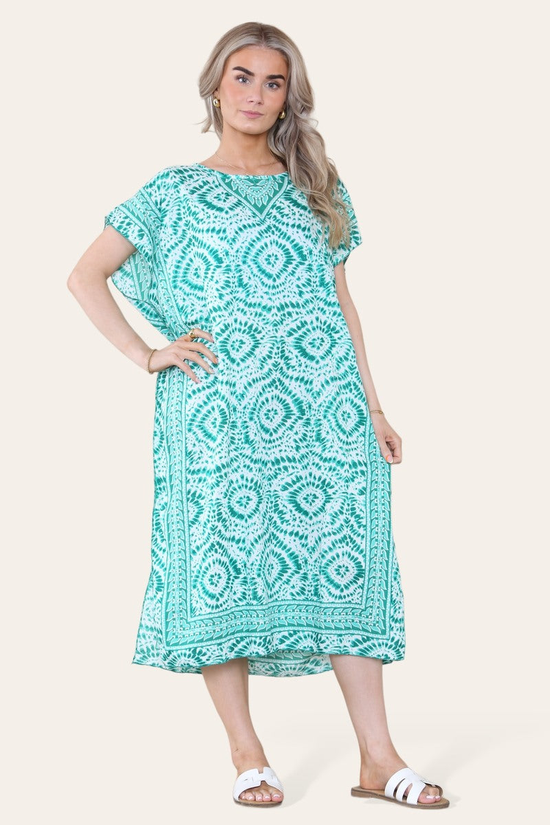 Mid-length long dress with V-neck and tie-dye print Ref-7006