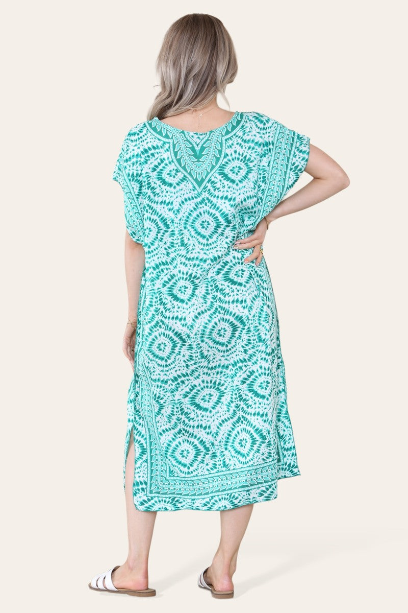 Mid-length long dress with V-neck and tie-dye print Ref-7006