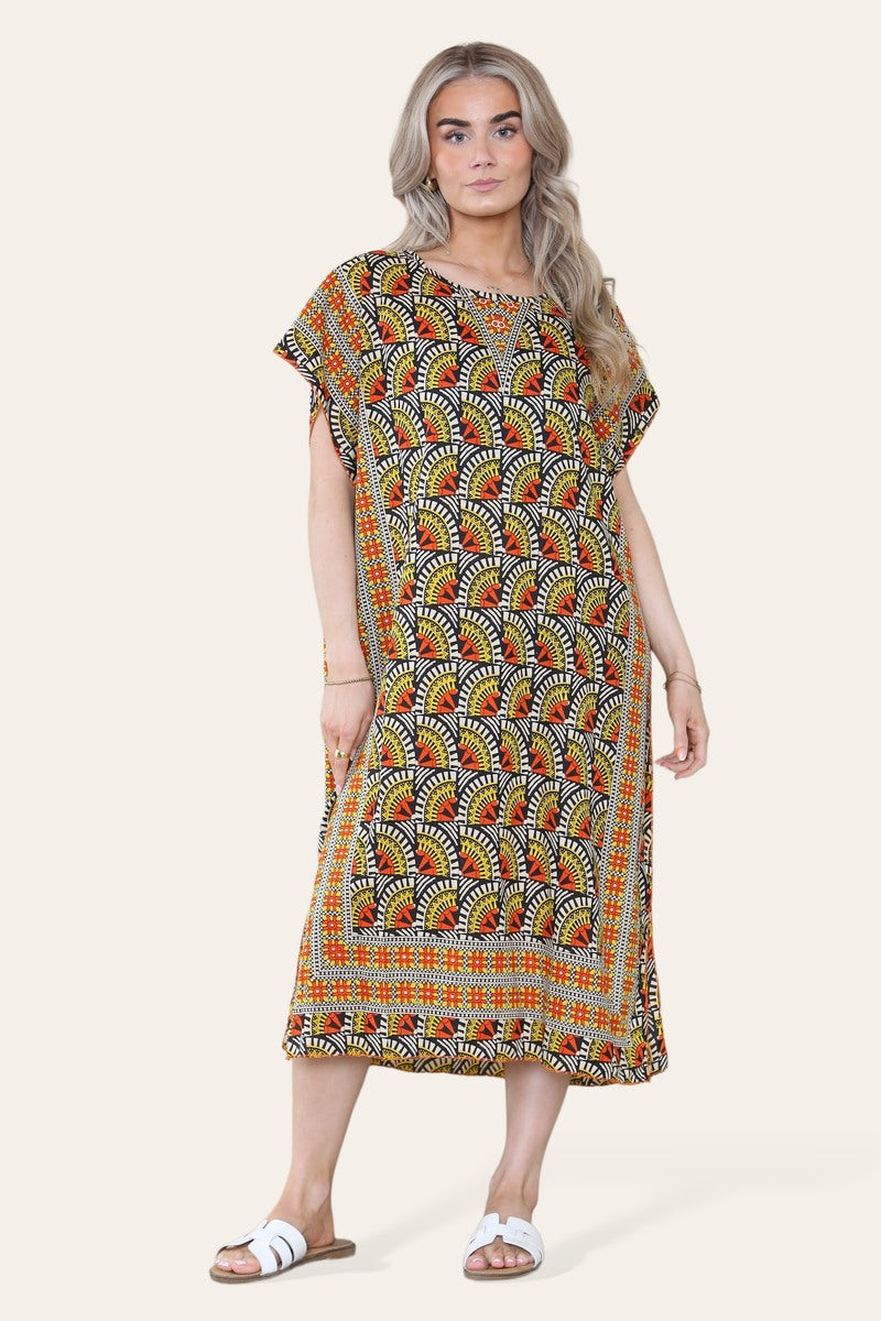 Geometric Midi Dress mosaic V-neck eastern border Ref- 7004