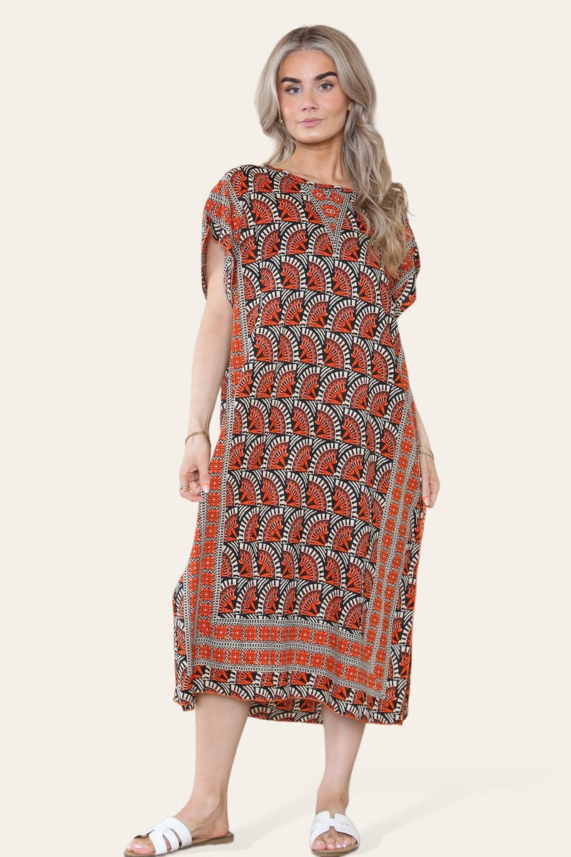 Geometric Midi Dress mosaic V-neck eastern border Ref- 7004