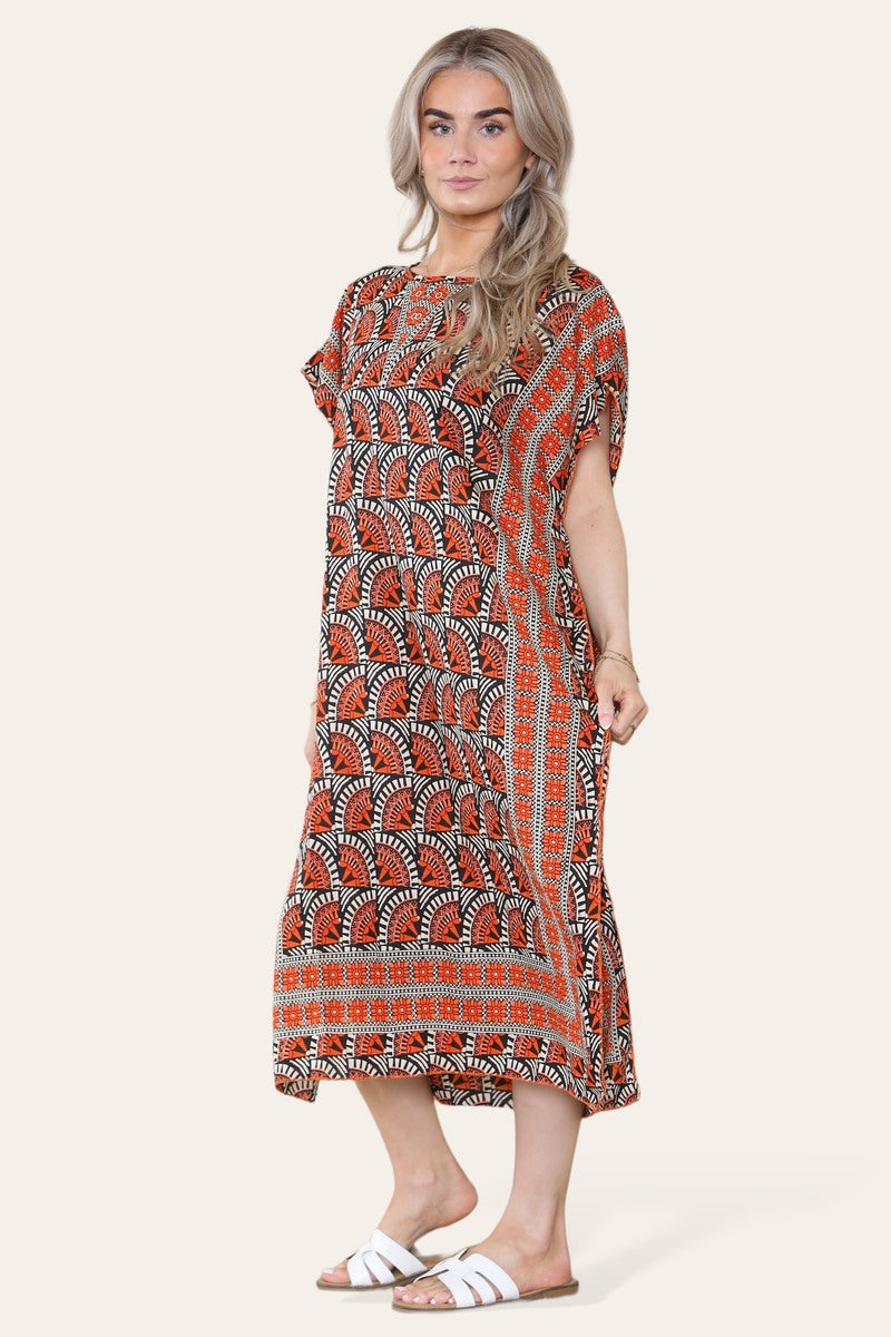 Geometric Midi Dress mosaic V-neck eastern border Ref- 7004